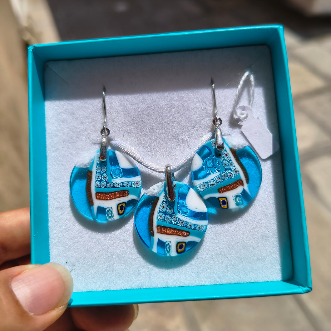 Murano Glass Pendant and earrings set Round Small Quadrone